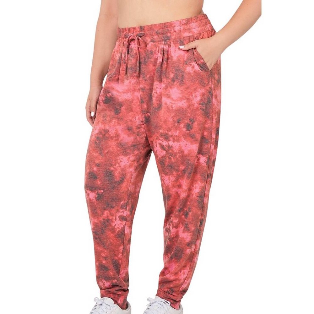Zenana French Terry Tie Dye Drawstring Jogger 1X (818BPK)